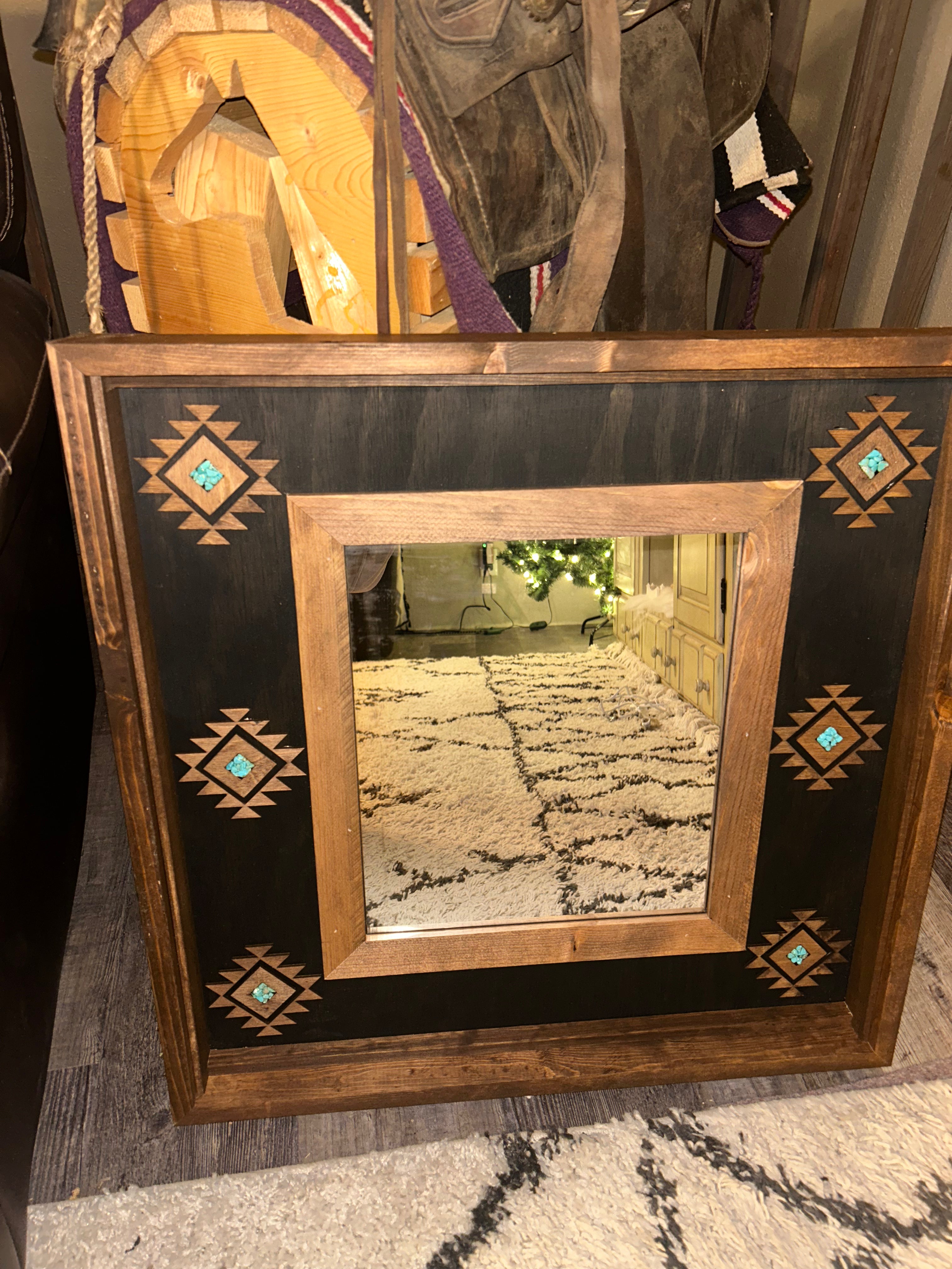 “Turquoise Cowgirl” Aztec Rustic Mirror - Customizable sizes